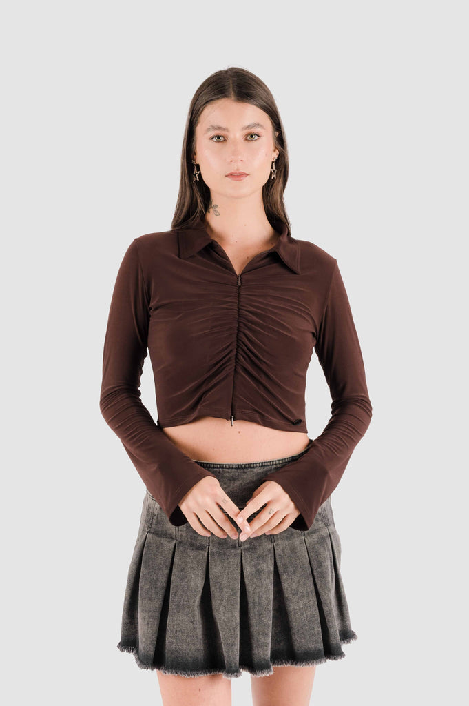 Camisa Crop Stella CAMISAS NOW Marron Oscuro XS 